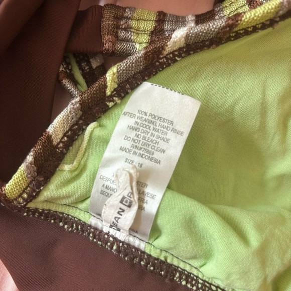 Y2K Brown Green Striped Halter Bikini Top – Retro Swimwear (Size 16) - Picture 3 of 4
